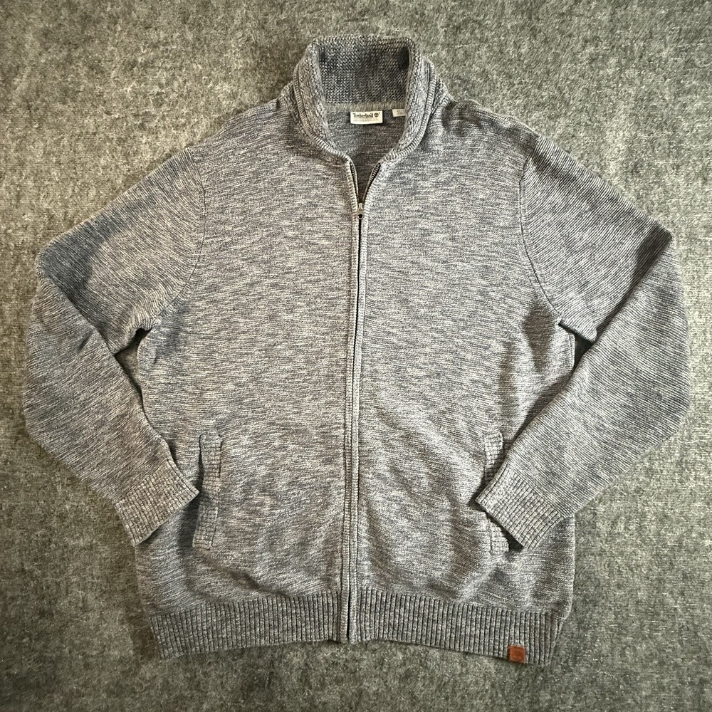 Timberland Mens XXL Full Zip Sweater Gray Marled Knit Cotton Cardigan Mock Neck